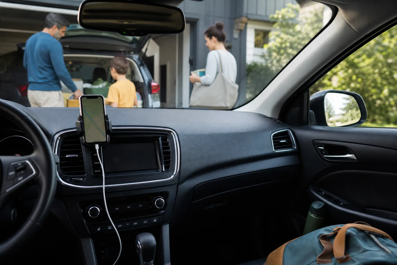 Lifestyle scene illustrating car chargers that keep navigation running on long drives
