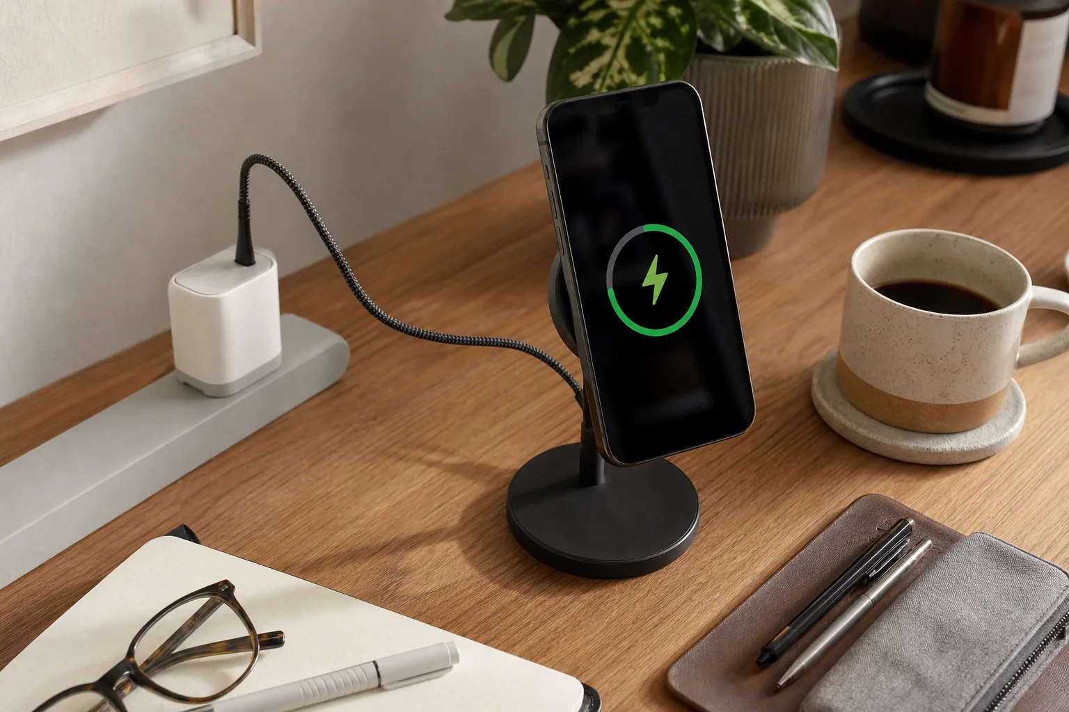 Lifestyle scene illustrating a two-charger desk setup that ends cable clutter
