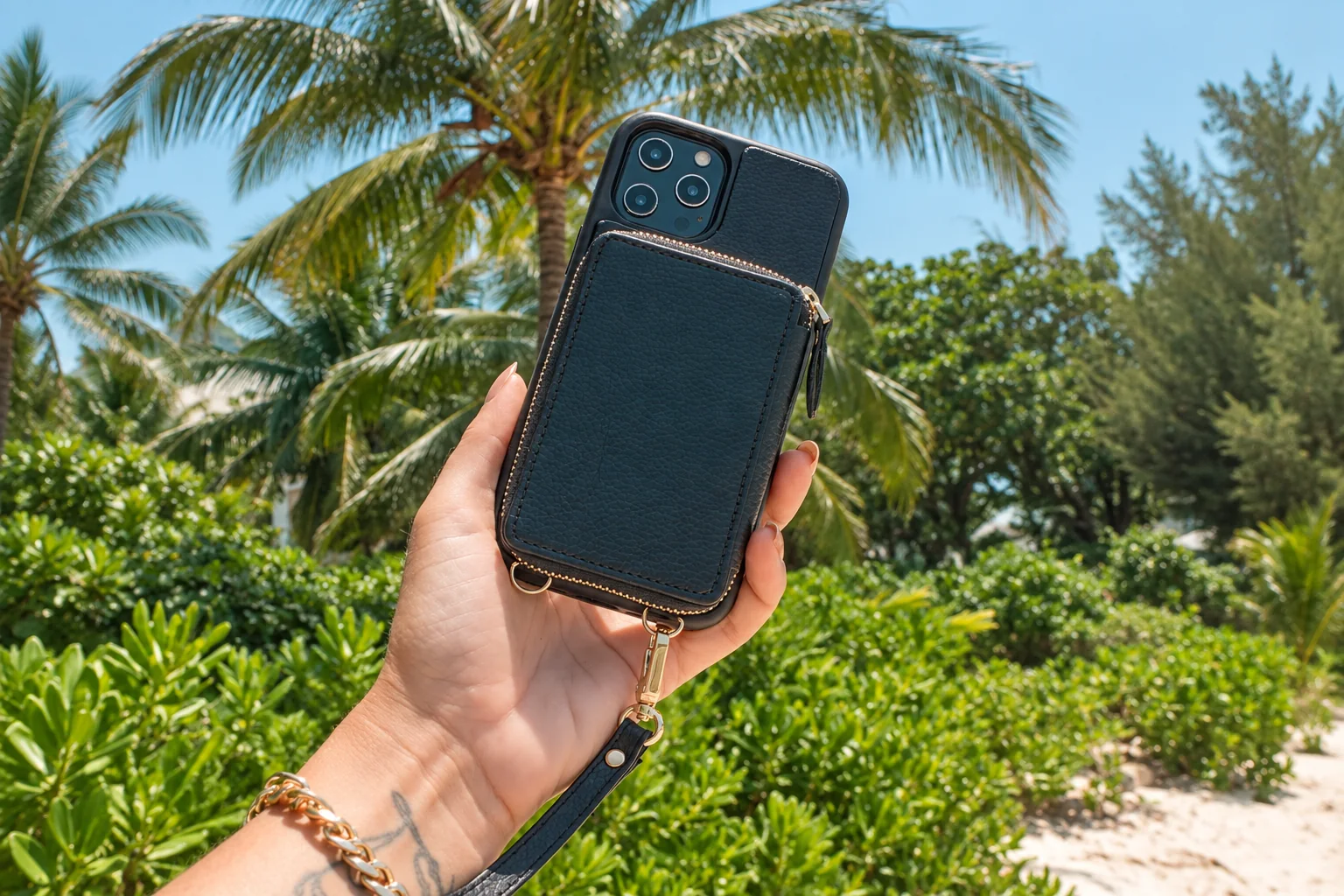 A hand holding a black phone wallet case with a clipped strap outdoors.