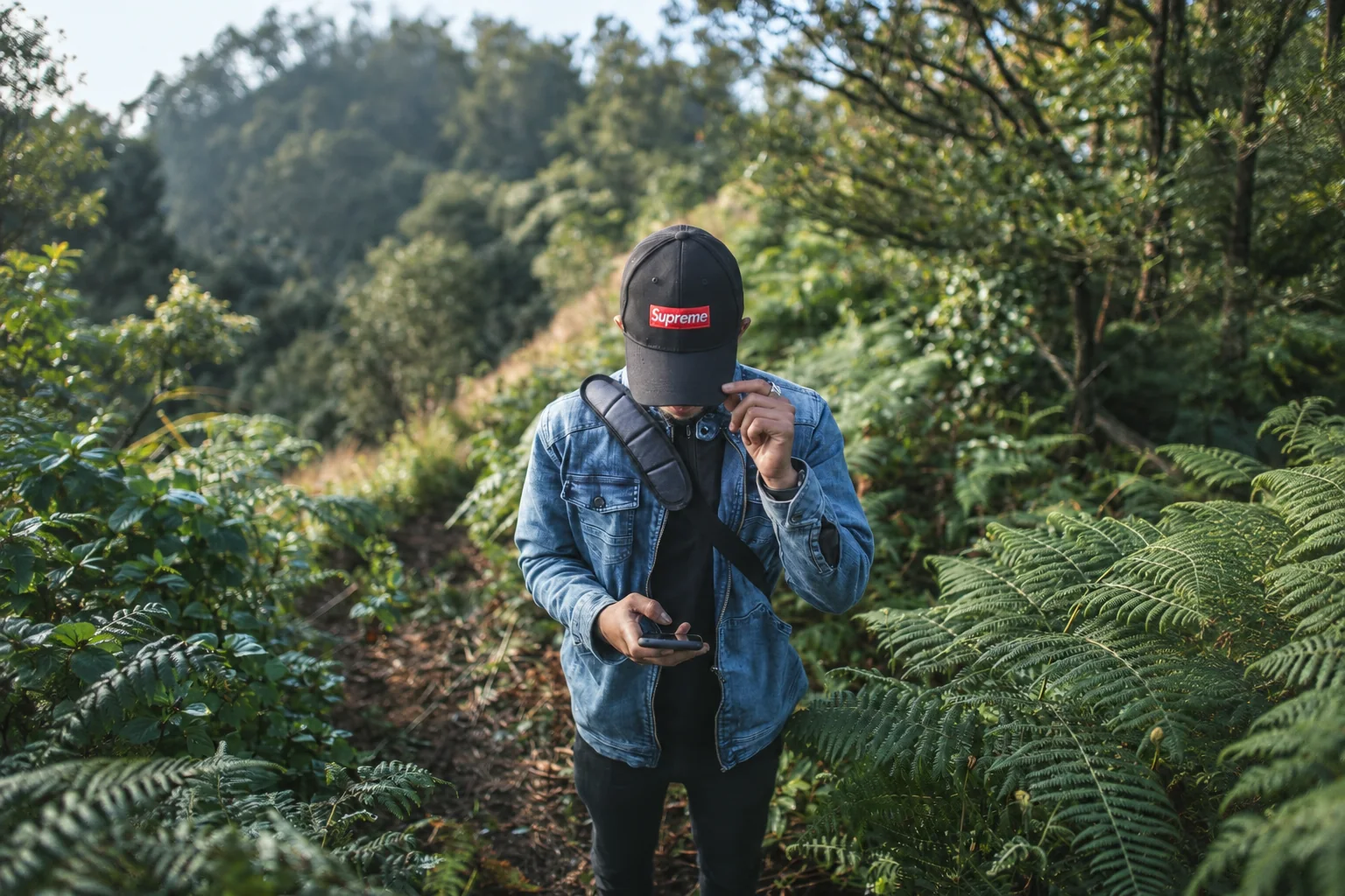 A hiker looking at a phone on a wooded trail.