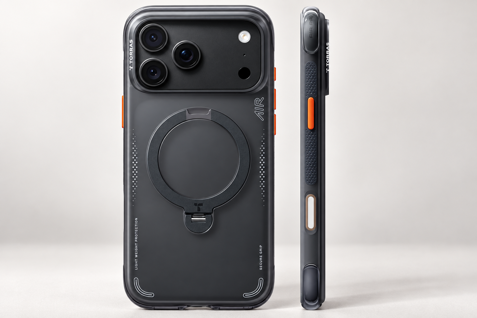 TORRAS Q3 Air iPhone 18 Pro case in Shadow Black, rear and side views